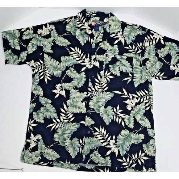 L Chaps Ralph Lauren Floral Hawaiian Black Green Shirt Button Up Cotton Crepe - Picture 1 of 11